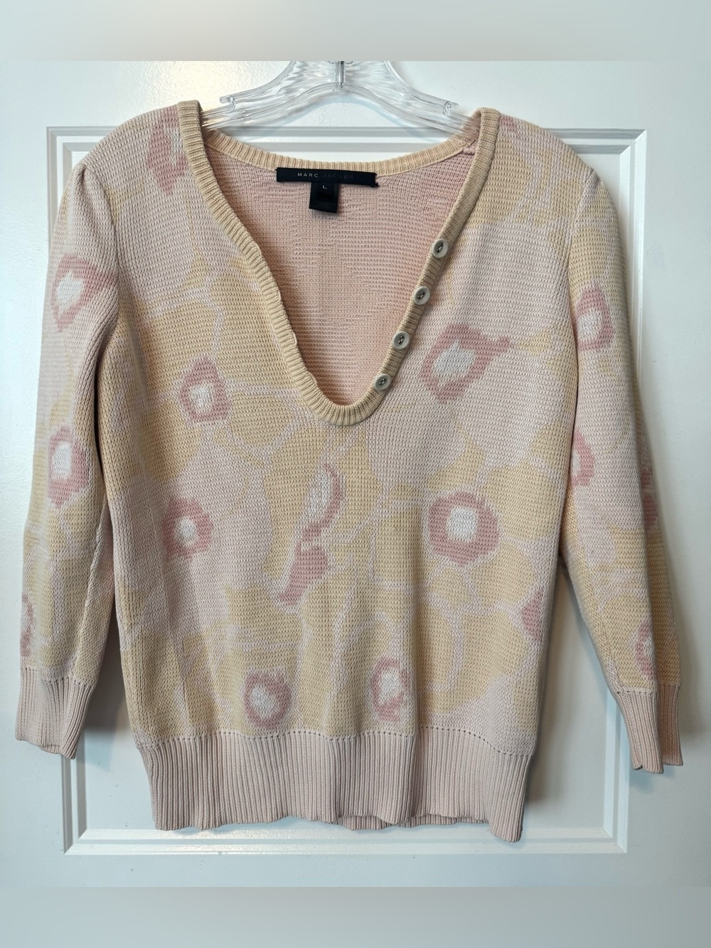 Vintage Marc Jacobs Floral Sweater LG Pink Cream Button Neck Knit Pullover y2k